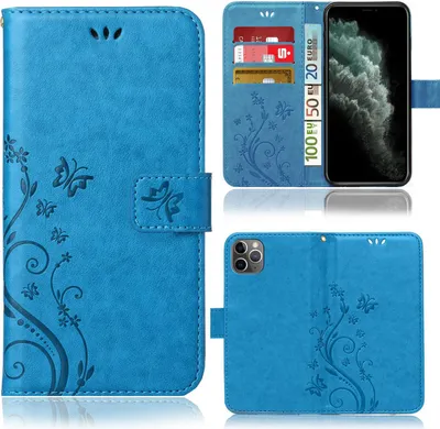 A collage of images showing a blue flip phone case with a floral and butterfly design, including views of the case open and closed, and showing card slots.