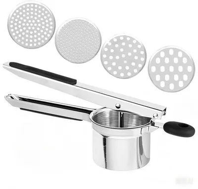 Productafbeelding van Ibenzoa® aardappelpers van roestvrij staal, roestvrij – met 4 verwisselbare schijven, ergonomische siliconen handgreep, geschikt voor aardappelpuree, spaetzle en babyvoeding