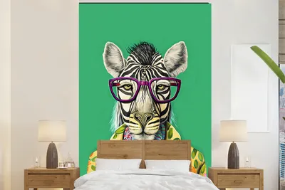 Produktbild von MuchoWow® Fototapete für Wohnzimmer oder Schlafzimmer Wandtapete Vinyl Motivtapete Zebra - Brille - Hippie - Tiere - 200x300 cm - Wanddekorationen