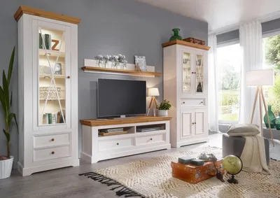 Produktbild von Wohnwand >WZ-0133< (4-teilig) weiss /  eichefarbig - 357x214x42 (BxHxT)