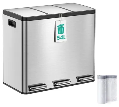 Mülleimer 3x18 l, 3 Fächer, Softclose, Pedal, Edelstahl, Silber