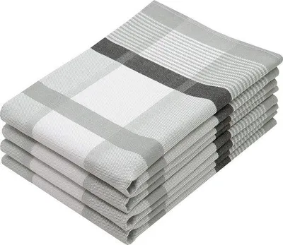 Zdjęcie produktu dla Zestaw 4 ręczników kuchennych Unyqoos® – 100% bawełna, 50x70 cm, 220 g/m², szare w kratkę, chłonne, z pętelką do zawieszania, certyfikat Oeko-Tex Standard 100