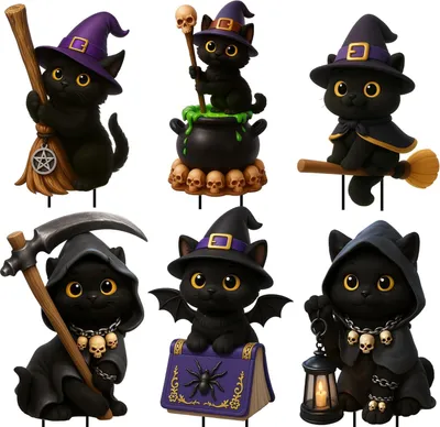 Produktbild von Halloween Gartendekoration Schwarze Katzen Set von 6, mit Hexenhut, Kürbis, Wetterfest, für Garten