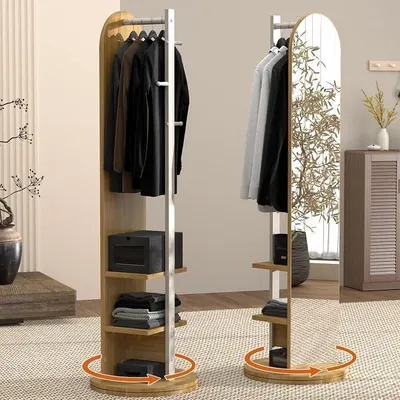 Imagen del producto de Espejo giratorio de 360° para cuerpo completo, espejo de cuerpo completo 2 en 1 que ahorra espacio y funciona como perchero, espejo de pie independiente con estantes y ganchos, ideal para recibidores, dormitorios, en color madera