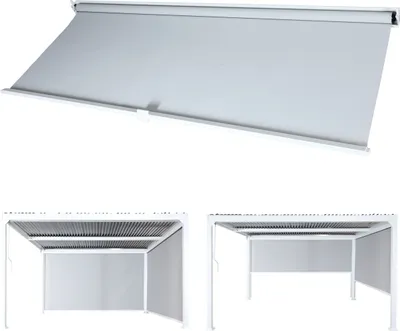A product image showing a white pergola side panel, with two smaller images below showing the side panel installed on a pergola.