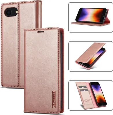 Immagine prodotto di Custodia in pelle per iPhone 16e/iPhone 17e, con funzione di supporto e porta carte, design a portafoglio, colore oro rosa