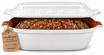 Produktbild von KERAZO große ovale 6 Liter Brotbackform mit Deckel aus Steingut, 43x27x16 cm, Bräter, Auflaufform, Gratinform, Schmortopf, Brottopf, weiß