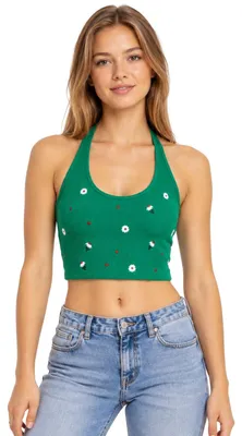 Produktbild von Damen Crop Top Zara Neckholder Grün Blumenstickerei Elastisch Kurz Sommer XS/S