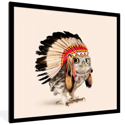 Produktbild von MuchoWow® Gerahmtes Poster Tier - Eule - Indianer - Vogel 40x40 cm - Poster mit Schwarzem Bilderrahmen Wandposter Rahmen Foto Bilder - Mit Rahmen - Wanddekoration Schlafzimmer