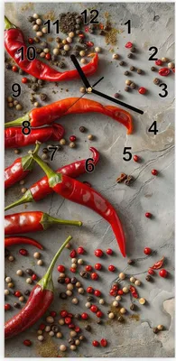 Produktbild von Wanduhr aus Glas mit Motiv Chili Schoten- 30 x 60 cm - inkl. Aufhängesystem