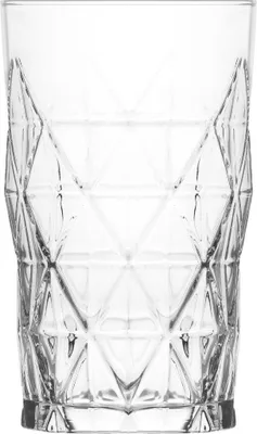 A clear, front-facing studio shot of a glass tumbler with a geometric pattern.