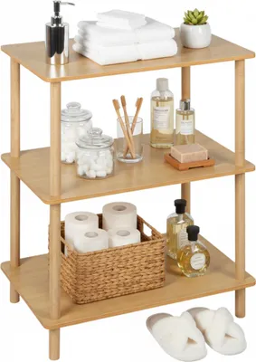 Image de Étagère sur pied Relaxdays, H x l x P : 79 x 60 x 40 cm, 3 tablettes, MDF et bambou, étagère d'appoint pour la salle de bains, le salon, la cuisine, couleur naturelle