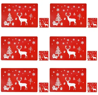 Image de Ensemble de 12 sets de dessous de plat et de sous-verres de Noël pour table (rouge)