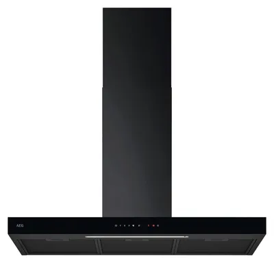 A black wall-mounted range hood is shown against a white background.