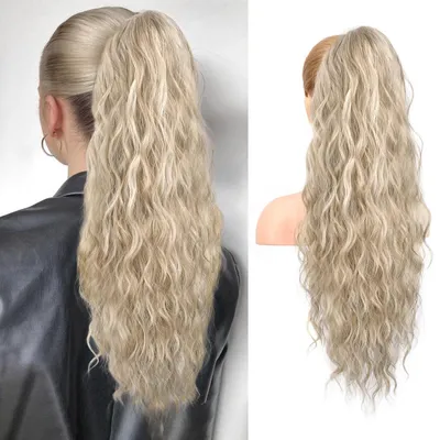 Zdjęcie produktu dla Przedłużenie włosów do koka, 66 cm, falowane, z gumką, syntetyczne, średni blond z pasemkami