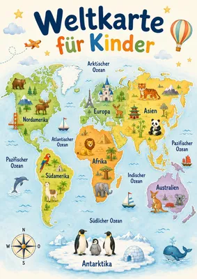 Produktbild von Weltkarte für Kinder DIN A2 – Kinderposter mit Kontinenten, Ozeanen & Tieren, matt
