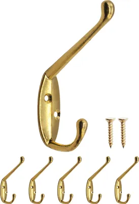 A set of brass-colored coat hooks and screws on a white background.