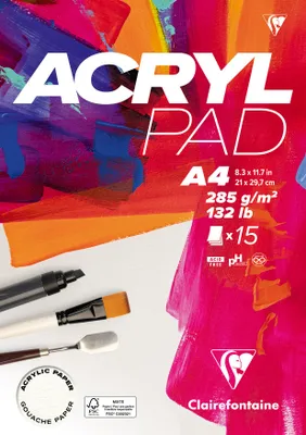 Produktbild von Clairefontaine Acrylpad-Block A4 285 g, 15 Blatt, geleimt, Naturweiß für Acryl & Gouache