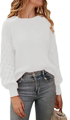 Produktbild von ASKSA Damen Pullover Laternenaermeln Strickpullover Rundhals Langarm Pulli Einfarbig Sweater Tops, Weiss, XL