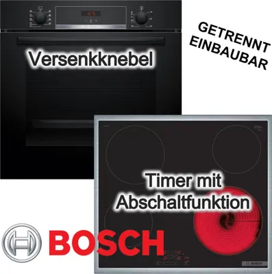 Produktbild von BOSCH Herdset 3D Heißluft Versenkknebel Hydrolytische Reinigung + Glaskeramik Kochfeld mit Edelstahlrahmen Touch