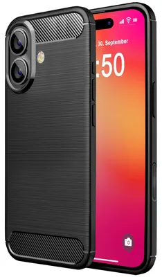 Immagine prodotto di Custodia in silicone NALIA per iPhone 16 – Antiscivolo e opaca – VORTEX (effetto spazzolato e design in carbonio) – Marchio di Berlino – Nero
