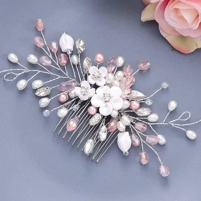 Produktbild von Silberner Blumenhaarkamm mit Perlen für die Braut, Hochzeitshaarschmuck für Damen und Mädchen