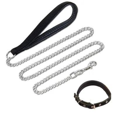 Produktbild von Hundeleine Metall Hundekette Stark Ketten Leine Hund Haltbar Soft Griff für kleine mittelgroße Hunde Training(4,0 * 120 cm schwarz)