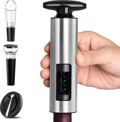 Produktbild von Unyqoos® 4‑in‑1 Weinflaschenöffner-Set – Profi-Korkenzieher aus Edelstahl, 4‑teilig mit Folienabschneider, Vakuumstopfen und Ausgießer