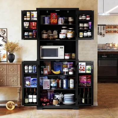 Produktbild von Küchenschrank mit Arbeitsplatte, Hochschrank, Buffetschrank, Esszimmerschrank, Speisekammer mit Türen und Regalen, Schwarz