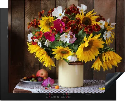 Produktbild von KitchenYeah© Herdabdeckplatte Blumen - Farben - Stilleben , 65x52cm, Küche Deko, Glaskeramikkochfeld Herdabdeckung, Abdeckplatte fùr Kochfeld