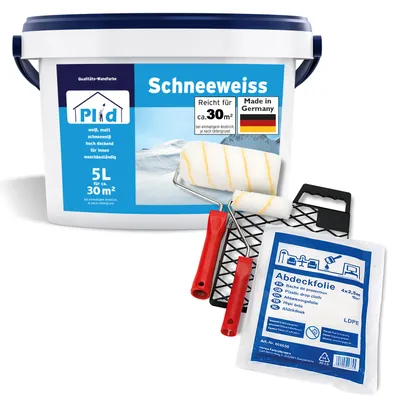 Produktbild von Plid Schneeweiß Wandfarbe Weiß 5L, für ca. 30m² + Streichset 6-tlg / Hohe Deckkraft Wand Innenfarbe