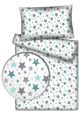 Zdjęcie produktu dla Zestaw pościeli dziecięcej KiGATEX 100x135 „Stars Vario mint” – 2-częściowy z zamkiem błyskawicznym – 100% bawełna – kołdra + poduszka – miękka i oddychająca – można prać
