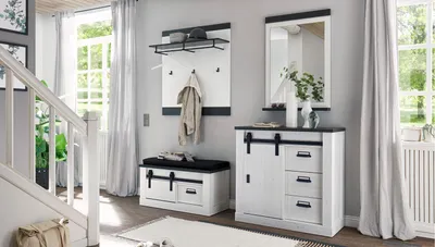 Produktbild von Garderobe Sherwood G4 Pinie weiß anthrazit mit Sitzkissen