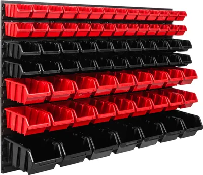 Obrázok produktu pre Skladovací systém dielenské regály | 115 x 78 cm | 75 ks. Box | Nástenné regály s stohovateľnými boxmi - Nástenné dosky Extra silné regály s otvormi na náradie Skladové regály Garážové regály