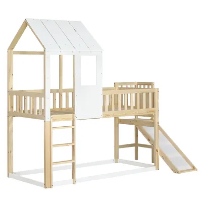 Produktbild von Flieks Etagenbett 90x200cm mit Lattenrost, Kinderbett mit Rutsche und Leiter, Hausbett mit Rausfallschutz, Einzelbett Massivholzbett