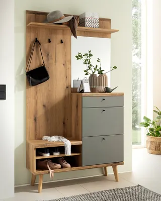 Produktbild von Flur-Garderobe mit 110cm Breite in Eiche mit Grün, mit Spiegel - AVEZZANO-61