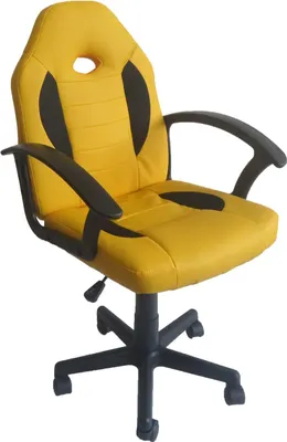 A yellow and black ergonomic office chair with a white background.
