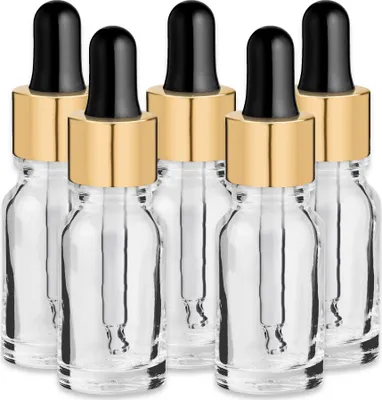 Produktbild von x5 Glasflasche klar 10 ml mit goldener Aluminiumpipette Miniflasche