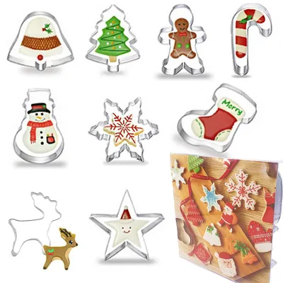 Image de Set de 9 emporte-pièces de Noël en acier inoxydable, pour décorer les gâteaux, le fondant, les biscuits et les pâtisseries.