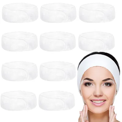Produktbild von Belle Vous Haarband Kosmetik Weißes Stirnband (10 Stk) – Haarband zum Schminken Make Up Haarband – Frottee Stirnband Verstellbar für