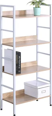 Produktbild von Happyment Offenes Bücherregal Bila – 4 Ablagen – Für Büro, Wohnzimmer, Schlafzimmer – 60 x 27,5 x 126 cm – Industrielles Design – Vintage Weiß/Eiche