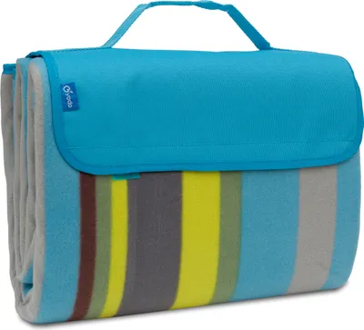 Image de Couverture de pique-nique BRUBAKER polaire avec fond PEVA imperméable 150 x 135 cm turquoise rayures gris vert jaune