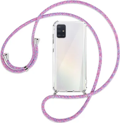 Produktbild von Handykette Backcover-Schutzhülle mit Band (Metall silberfarben) für Samsung Galaxy A51 (A515) - lila/rosa/blau