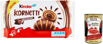 Produktbild von 3x Ferrero Kinder Kornetti Cioccolato Cornetti Mit Schokolade Gefüllte Croissants Packung mit 252g, jede Packung enthält 6 Croissants + Italitan Gourmet polpa 400g