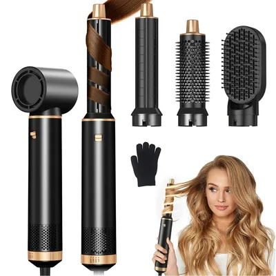 Immagine prodotto di Piastra per capelli multifunzione 5 in 1 - Arricciacapelli e spazzola asciugante - 3 temperature - Ioni negativi - Piastra lisciante e spazzola termica