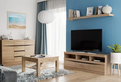 Produktbild von Wohnzimmer Set mit TV Möbel und Couchtisch SANFORD-129 in Eiche hell Nb.
