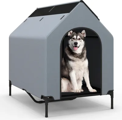 Produktbild von COSTWAY 2in1 Hundehütte & erhöhtes Hundebett, Haustierhaus mit atmungsaktivem Netzgewebe & abnehmbarer Abdeckung, für mittlere Hunde 75x110x106cm