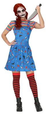 Produktbild von Killerpuppe Kostüm Damen mit Latzkleid & buntem Ringelshirt Größe S–L Mörderpuppe Horror Kostüm für Halloween Damen Größe: S
