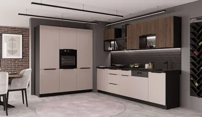 Produktbild von Küche ARONA + MONZA LOFT 280 + 180 cm Küchenzeile Küchenblock Einbauküche Kaschmir beige matt + Nußbaum + Schwarz matt