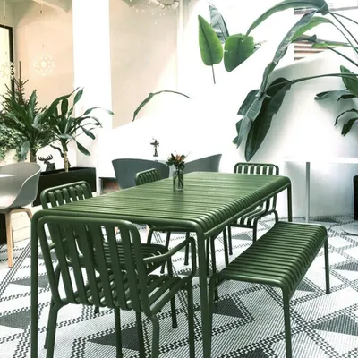 Produktbild von Outdoor Essgruppe Tisch- und Stuhlset aus Eisen – Gartenmöbel für Balkon, Terrasse, Outdoor-Café, Hotel, grün, 140 cm【HYZL1465】